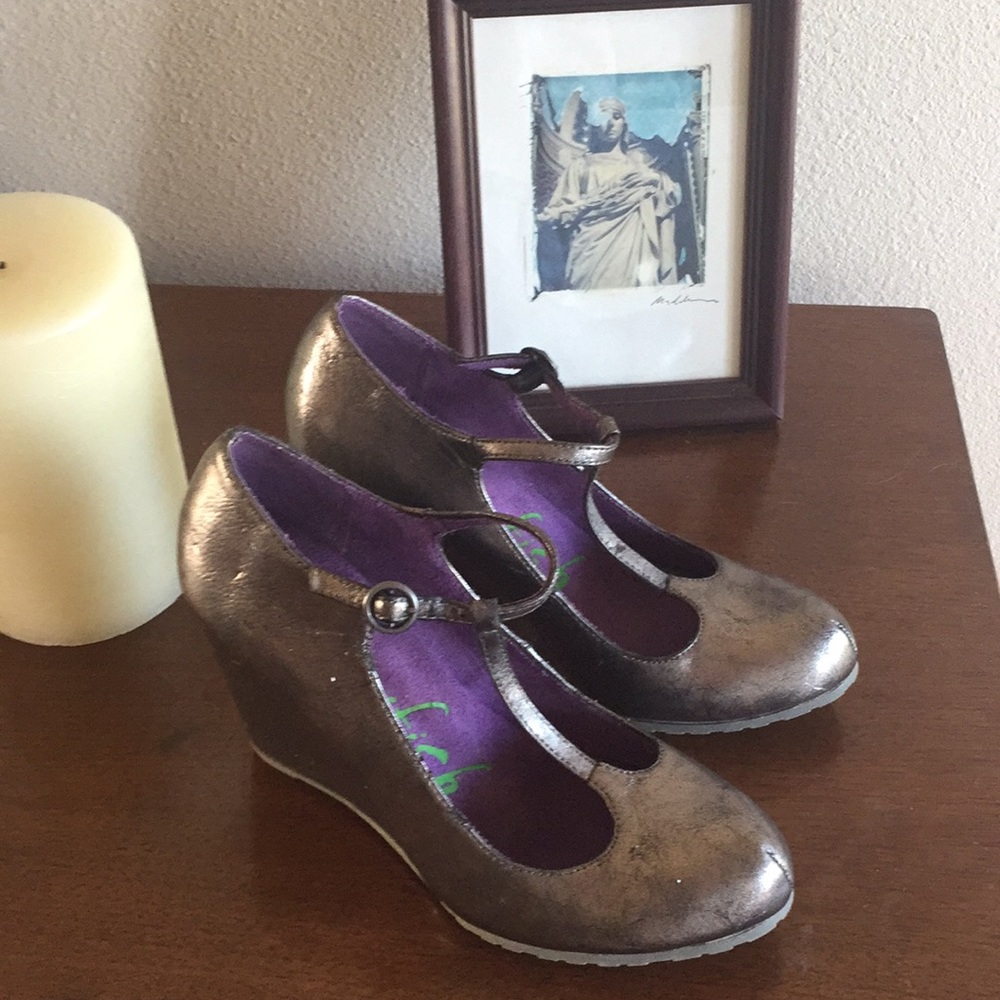 Blowfish metallic T-strap wedges